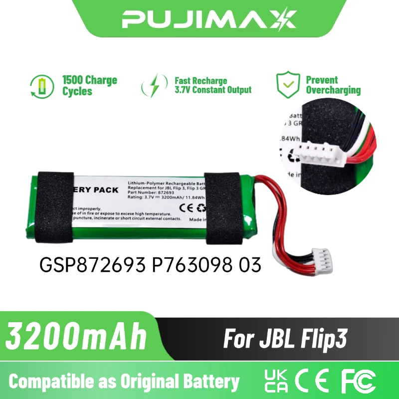 PUJIMAX 3200mAh 3.7V Battery for JBL Flip 3 for GSP872693 P763098 03 Flip3 Player Speaker Rechargeable Polymer Lithium Battery