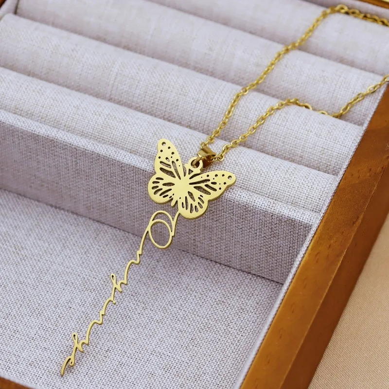 

Customized Stainless Steel DIY English Name Necklace Hollow Butterfly Letter Design Simple Personalized Jewelry Fashionable