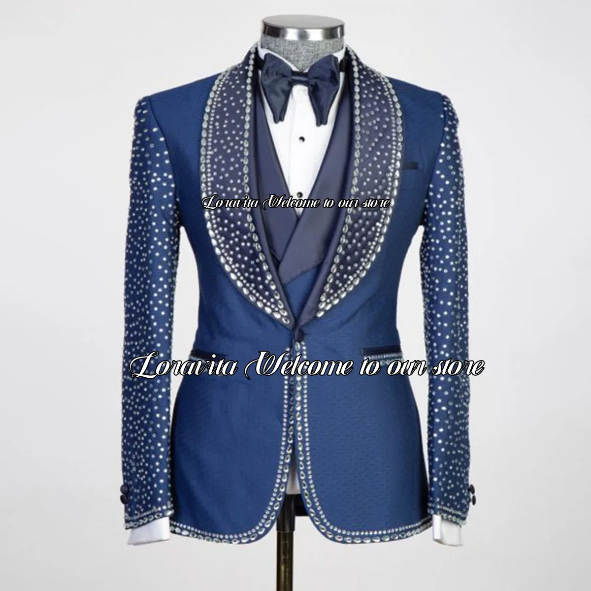 Shining Crystal Shawl Lapel  Tuxedos Men Suits 3 Pieces Sets Wedding Groom Luxury Male Prom Blazers Slim Fit Party Costume Homme