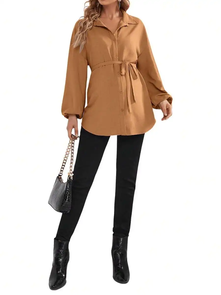 

Womens Long Sleeve Belted Button Down Casual Maternity Blouse With Pockets