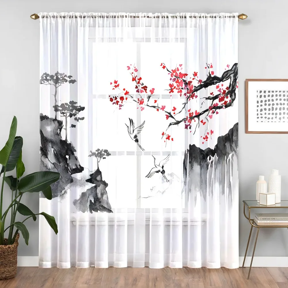 Chinese Style Crane Sheer Curtains for Living Room Bedroom Kitchen Window Transparent Tulle Curtain Voile Drape Home Decor