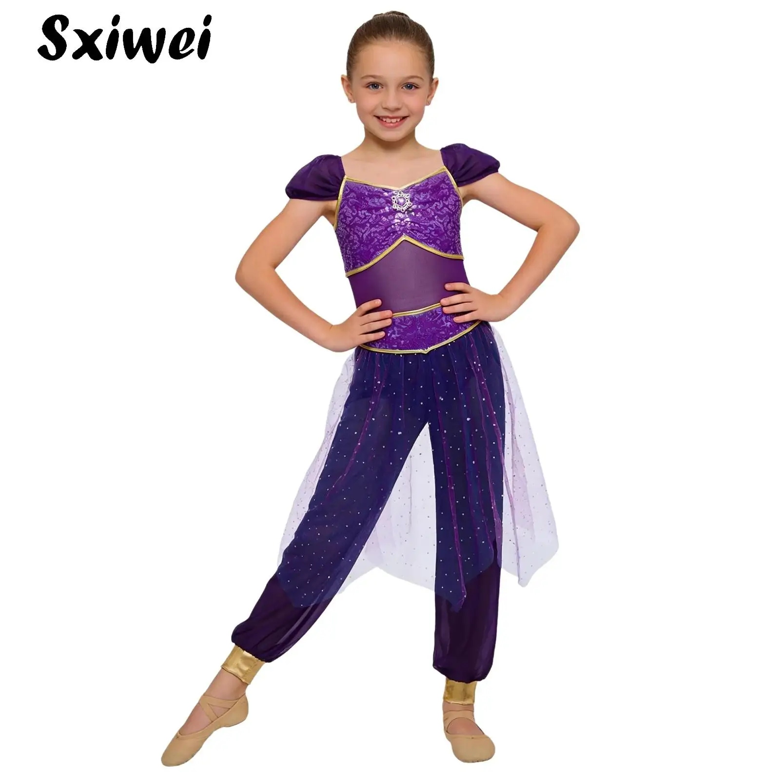 Girls Arabian Princess Belly Dance Jumpsuit Rhinestone Sequined Waist Tulle Overlay Rompers Halloween Cosplay Indian Dance Suit