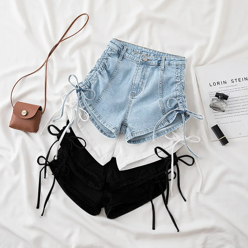 

Women's Denim Shorts2022Summer new black, white, and light blue high-waisted stylish drawstring elastic hot pants for sexy girls