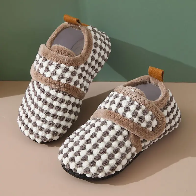 

Toddler Indoor Shoes for Kids Autumn Winter Plush Slip on With Magic Strap Warm Non Slip Quiet Sole for Home Kindergarten Floor