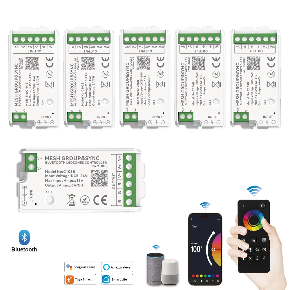 

4 Zone MESH Remote Group&Sync Wireless Smart Bluetooth Controller App Voice DC12/24V Wireless/Wired Color Change LED Light Strip