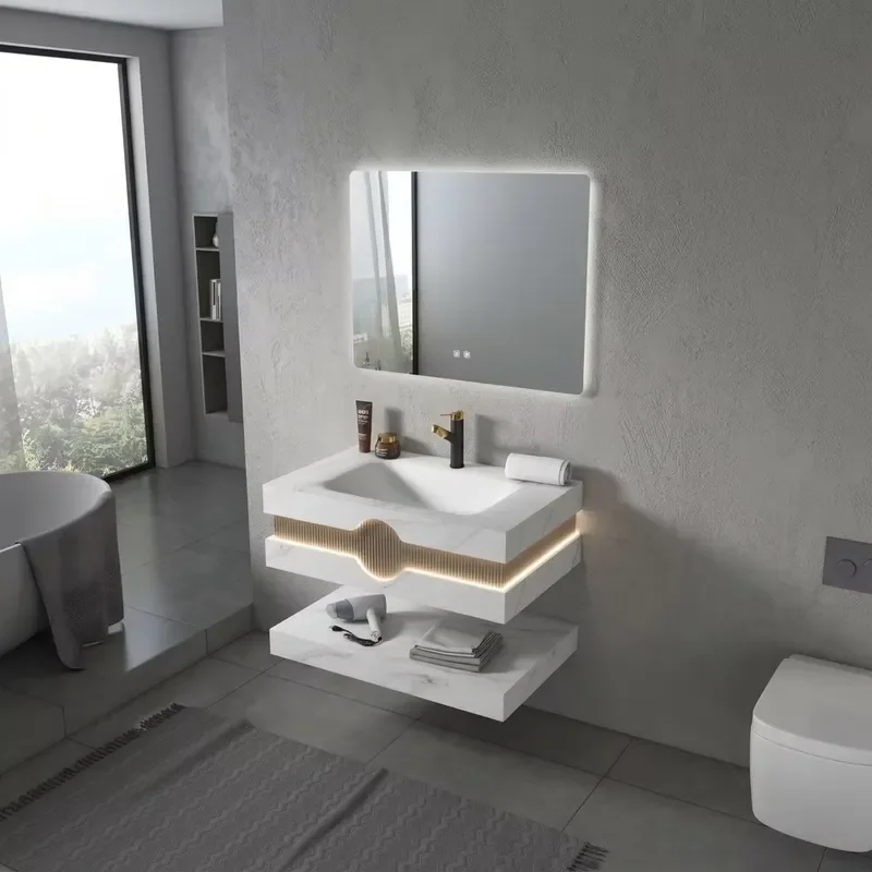 Modern Wholesale Hotel Home Smart LED Mirror OEM ODM Slate Stone Basin Wall Mounted Bathroom Cabinet Vanity Bathroom