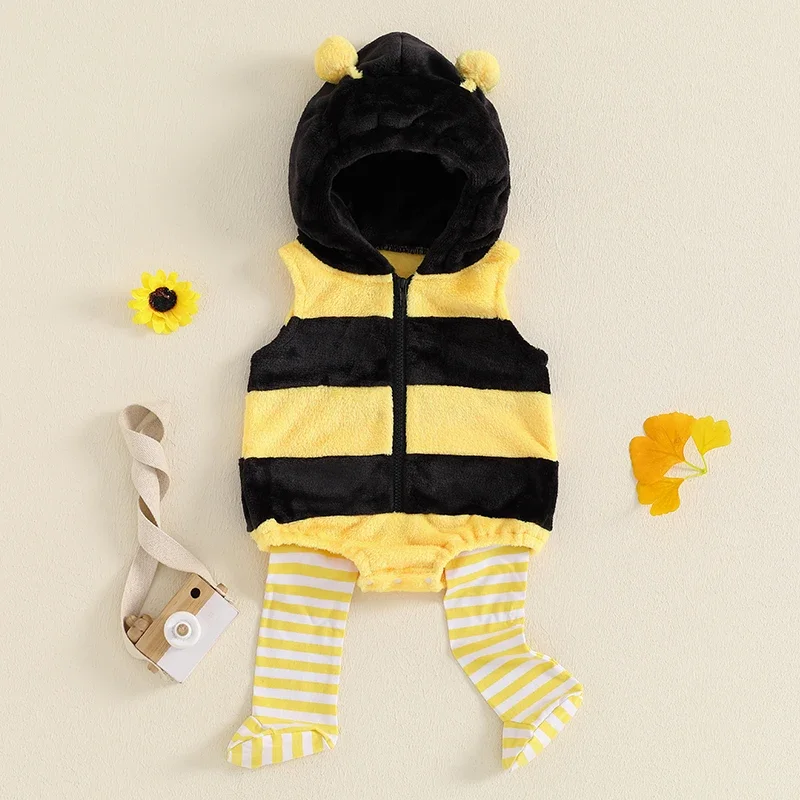 Baby Bee Costume Sleeveless Hooded Romper Long Socks Set Infant Bumble Bee Costume Newborn Outfit