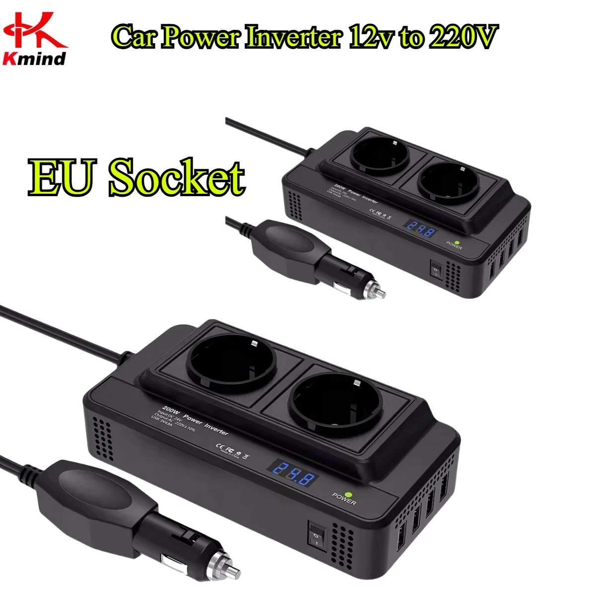 KMIND 200W Car Power Inverter DC 12V to AC 220V EU Socket 4 USB Ports Peak 400W Auto Converter Charger Cigarette Lighter Adapter