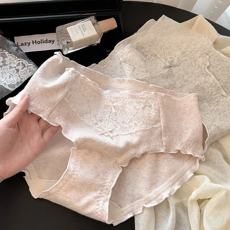 SP&CITY Süße Mädchen-Spitze, Schleife, Rüschen, niedliche Höschen für Damen, mittlere Taille, atmungsaktive Baumwollunterwäsche, weicher, bequemer, nahtloser Slip