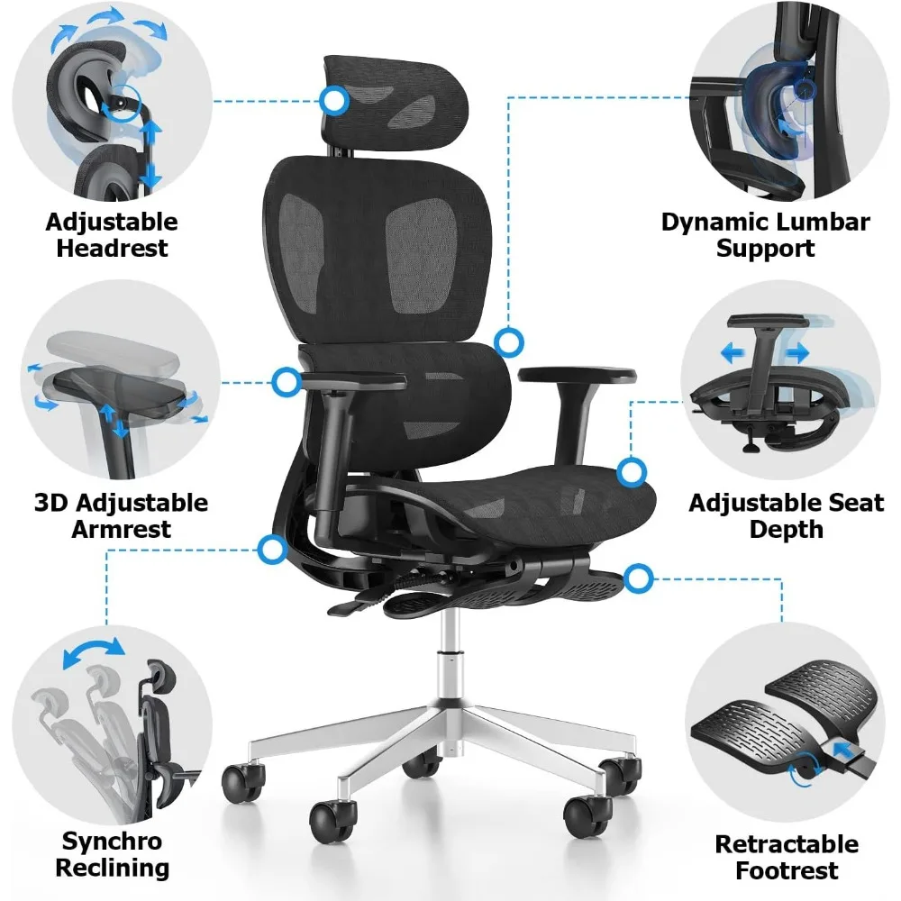 Silla ergonómica de oficina de malla, sillón de ordenador de escritorio con espalda alta, Ergo3d, con ruedas, color negro, para el hogar y la Oficina