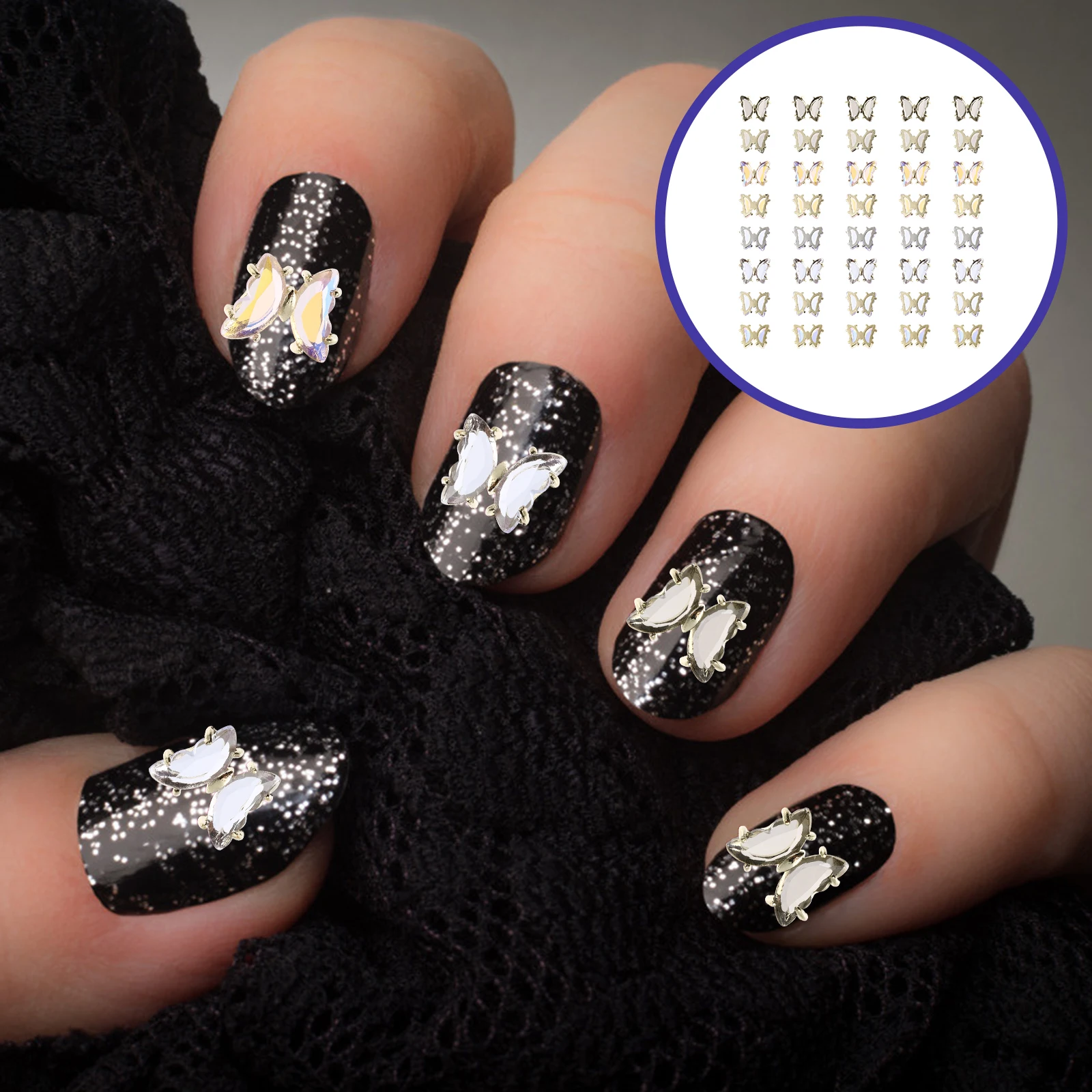 

40Pcs 3D Butterfly Nail Decor Fashion Zircon DIY Nail Art Charms Suitable Natural Fake Nails Elegant Manicure Decorations