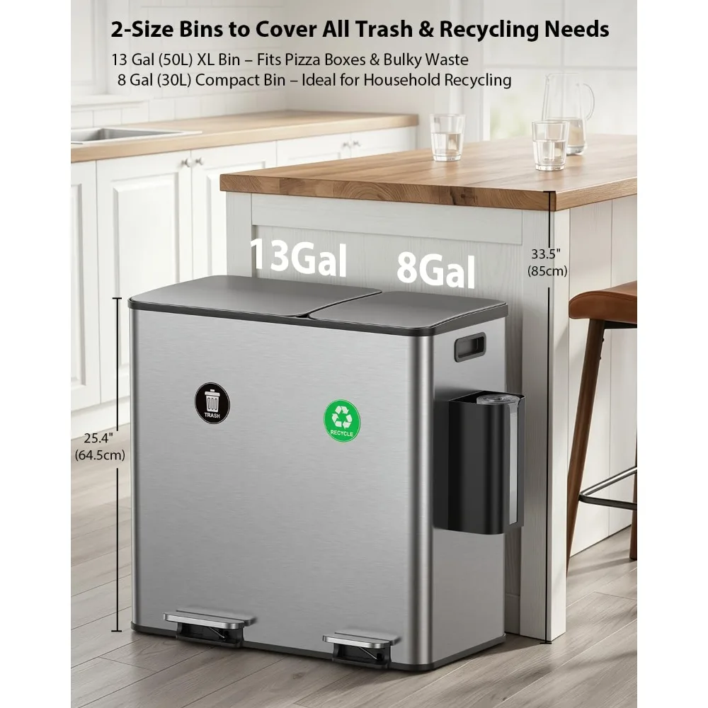 Dual Trash and Recycling Bins for Kitchen 13 and 8 Gallon Silver
