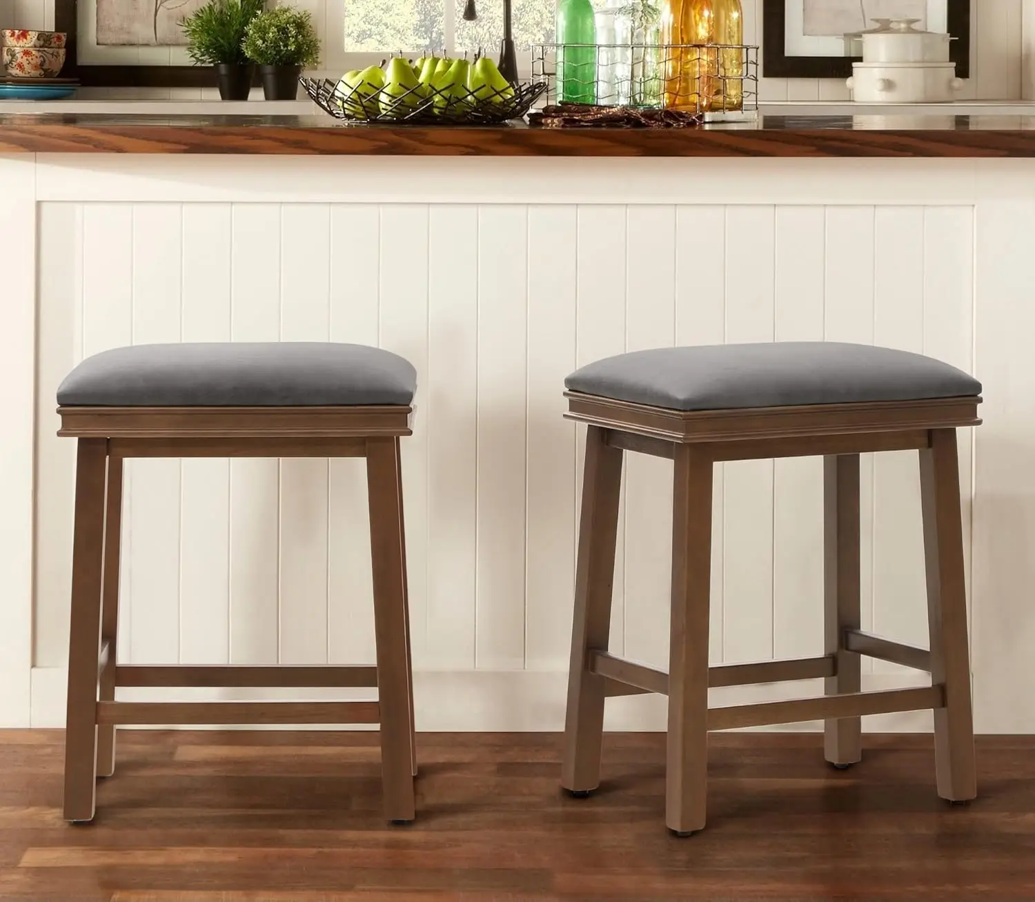 Wood Legs with Faux Leather Padded Seat Farmhouse 24in Height Barstools for 34