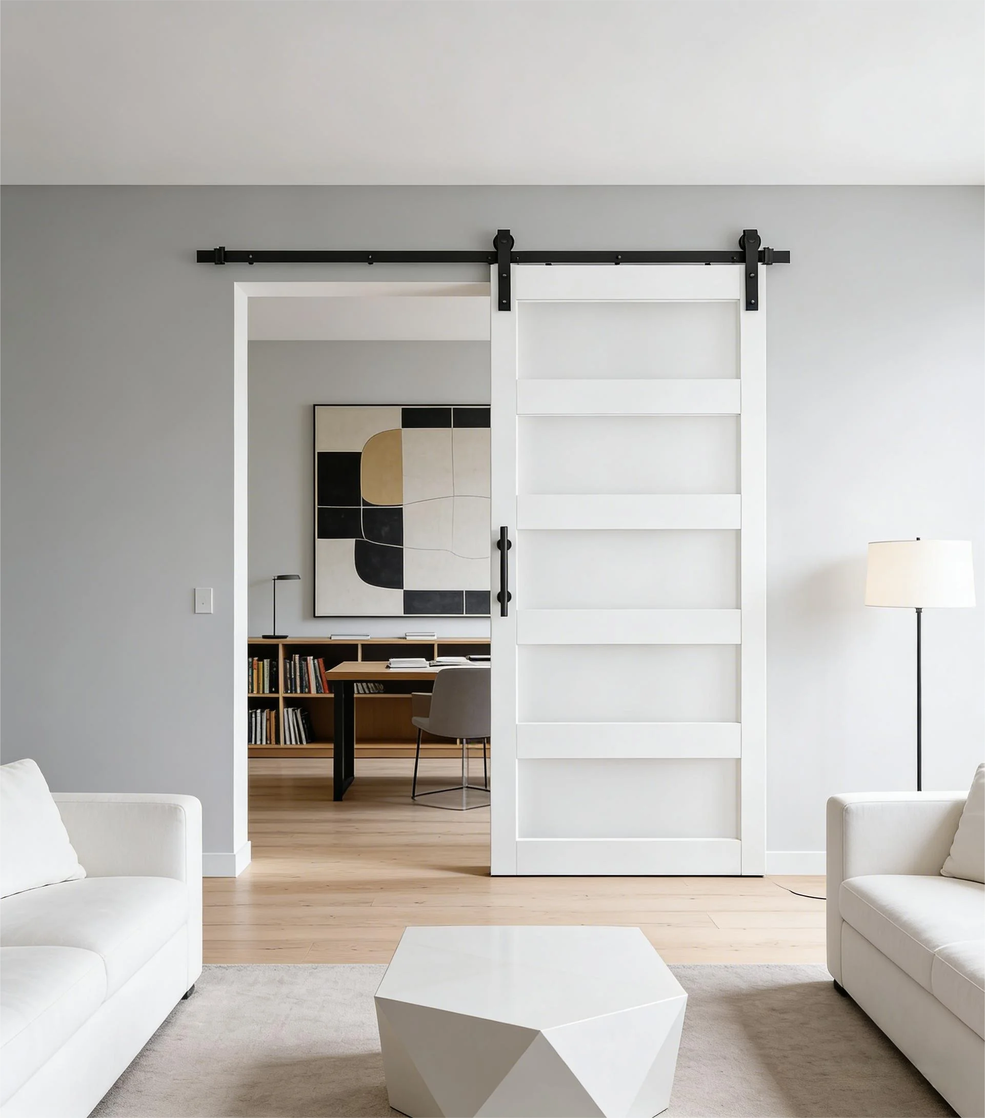 

Раздвижная дверь-амбар из белого МДФ с возможностью индивидуальной настройки, с комплектом фурнитуры и направляющей системой для использования в квартирах