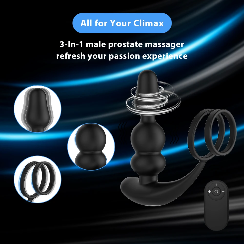 360° Male Prostate Massager Vibrator Remote Control 3 in 1 Anal Butt Plugs Penis Ring Masturbator double penetration sexy adult