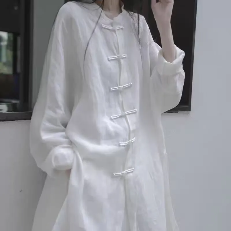 

Loose Chinese Style Long Shirt Thin Cotton Button up Top White Hanfu Set Zen Tea Ceremony Fashion Women's Traditional Clothing