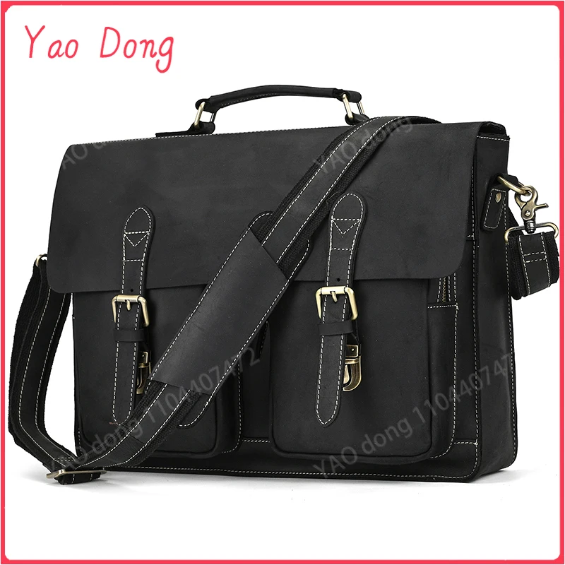 Yao Dong 42 ซม.ขนาดใหญ่ผู้ชายธุรกิจกระเป๋าเอกสารไหล่กระเป๋าหนัง Casual Messenger BagGenuine หนังชายหญิง Crossbody Comput