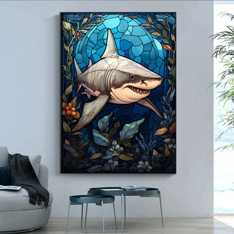 Wall Art Funny Sea Life Stained Glass Art Sealife Posters Prints Home Decor Octopus Starfish Shark Dolphin Canvas Painting