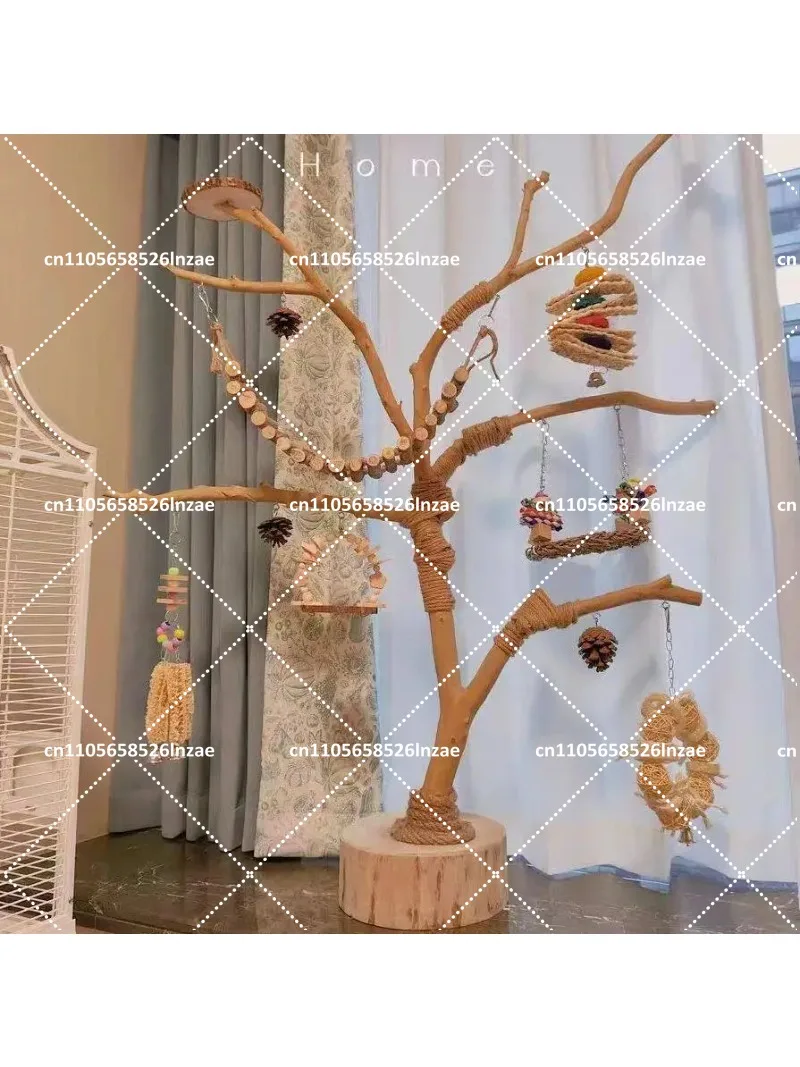 Natural Wood Bird Stand with Branch, Perch, Swing, and Solid Wood Base for Parrot Cage Accessories