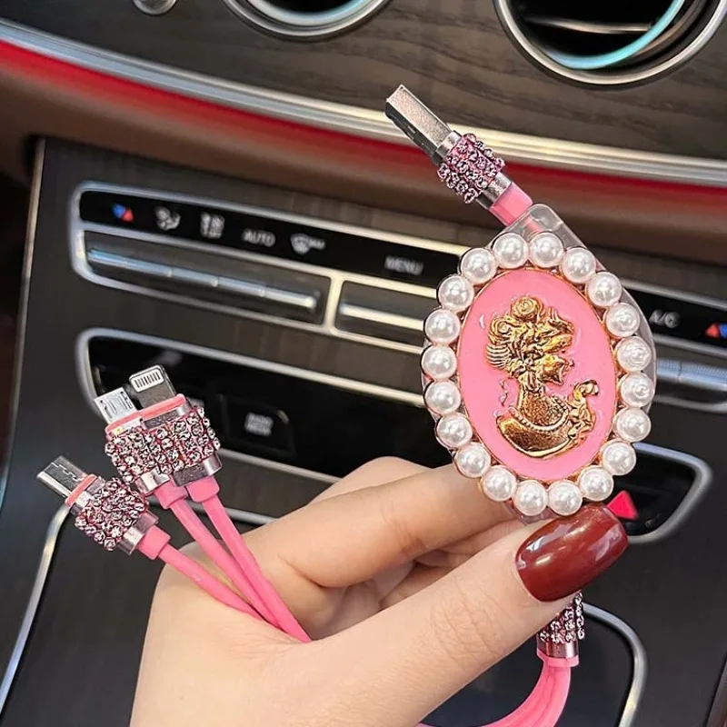 Love Heart Goddess Crystal Car Charger Charming Auto Fast Charging with 1 in 3 Data Line Auto Styling Car Bling Accessories