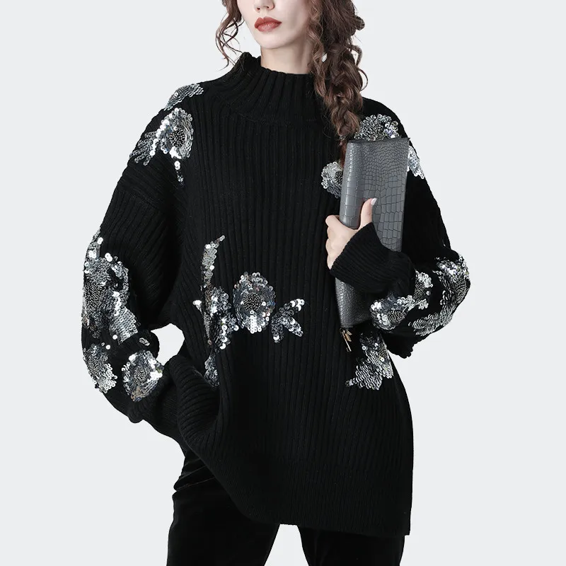 KEYANKETIAN Autumn /Winter Women Pullover Sweater Sequined Beading Floral Decoration Padded Knitwear Female Stylish Crop Top