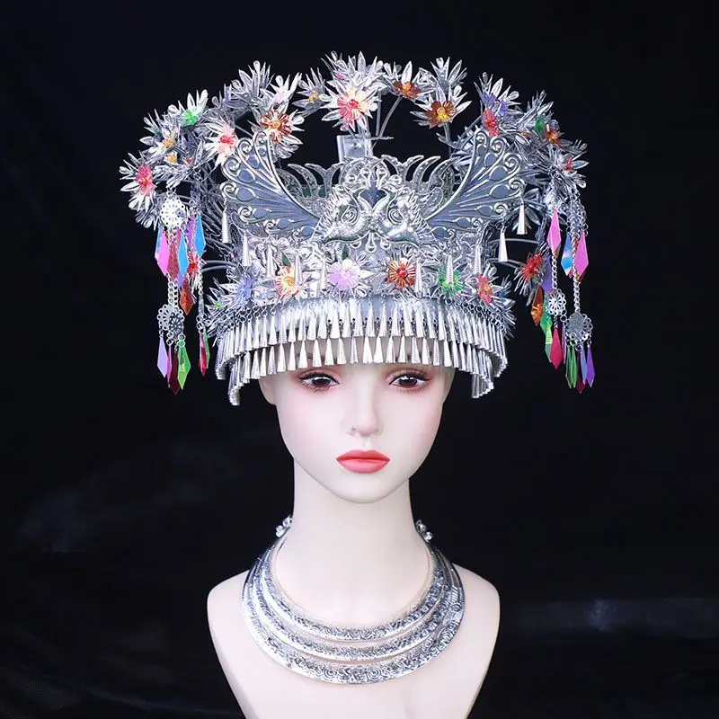 Beautiful Chinese Miao Tassel Hat Dancing Hat Miao Silver Headdress For Women Adults Vintage Photography Headgear Ethnic Minorit