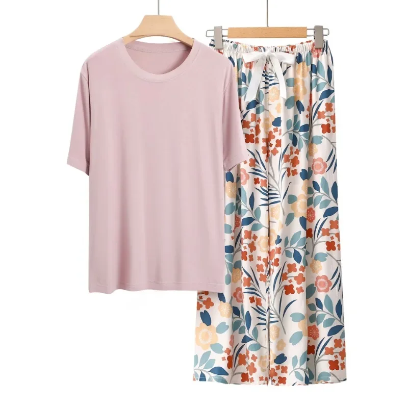 2025 جديد المرأة ملابس خارجية ملابس المنزل بيجامة مجموعة المألوف القطن التباين اللون مريحة قصيرة الأكمام بنطال ذو قصة أرجل واسعة