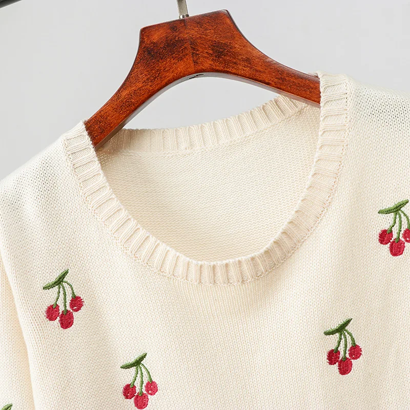 Pretty Cherry Sweater Pullovers Jumper Women O-Neck Sweater Autumn Winter Embroidery Cherry Knitted Pullover Loungewear