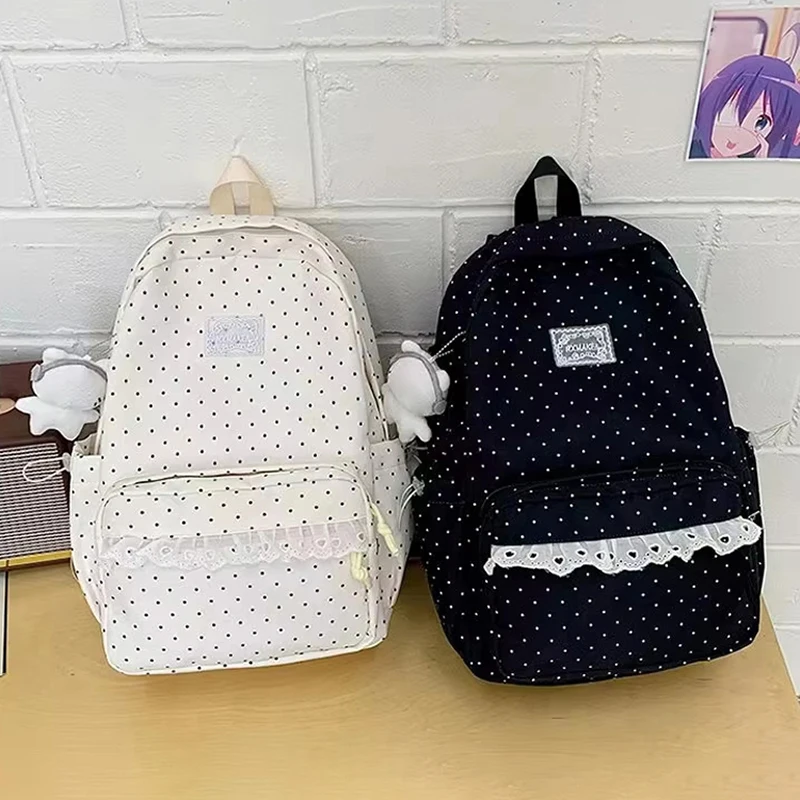Modischer Rucksack, Damen-Schulrucksack mit Polka-Dot-Muster, süßer Spitzenbesatz, koreanischer leichter Schulrucksack mit großer Kapazität für Mädchen und Studenten – Detail 26