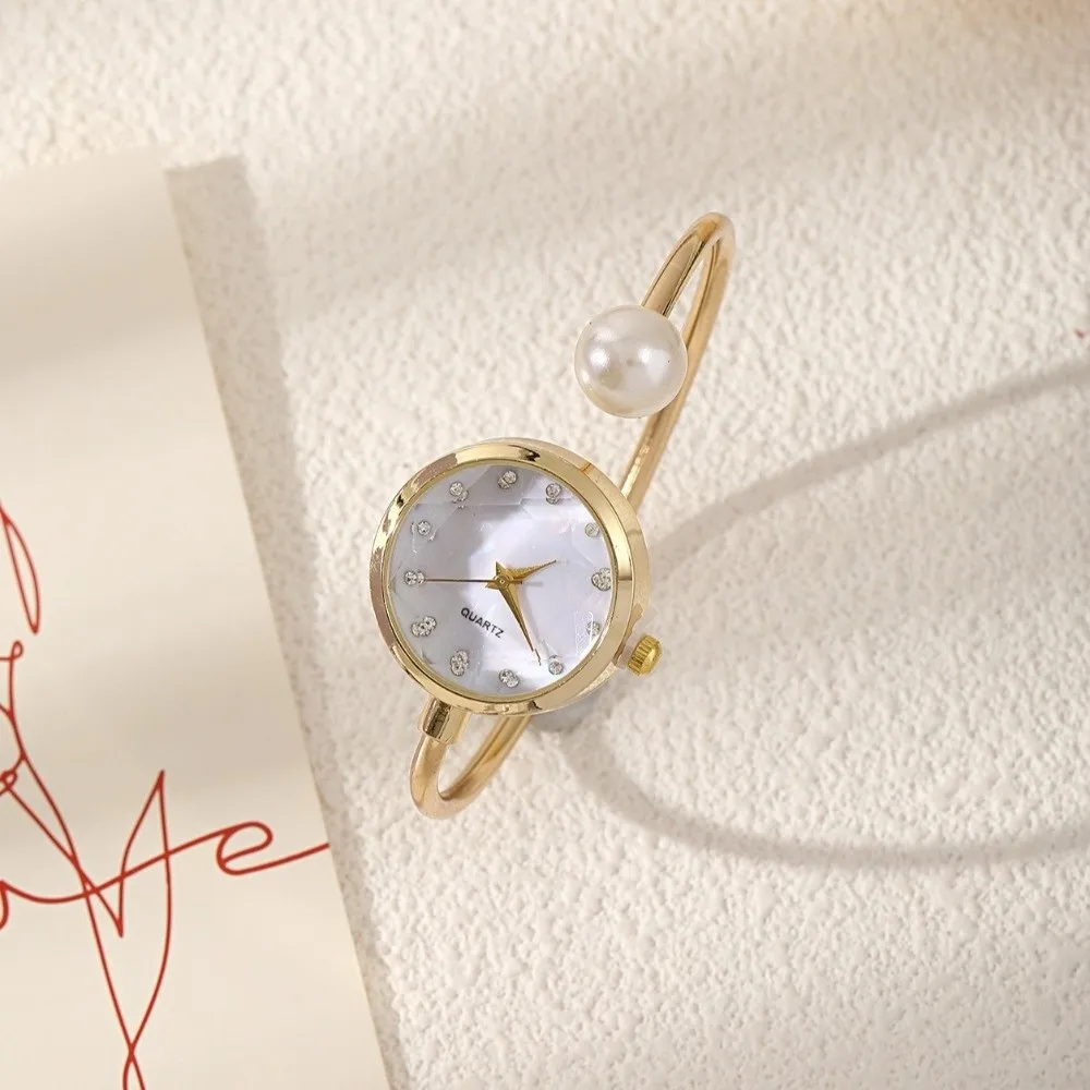 

Элегантные часы-браслет с жемчугом, модные универсальные кварцевые наручные часы в корейском стиле, кварцевые часы с циферблатом из драгоценных камней и стразами, женские часы