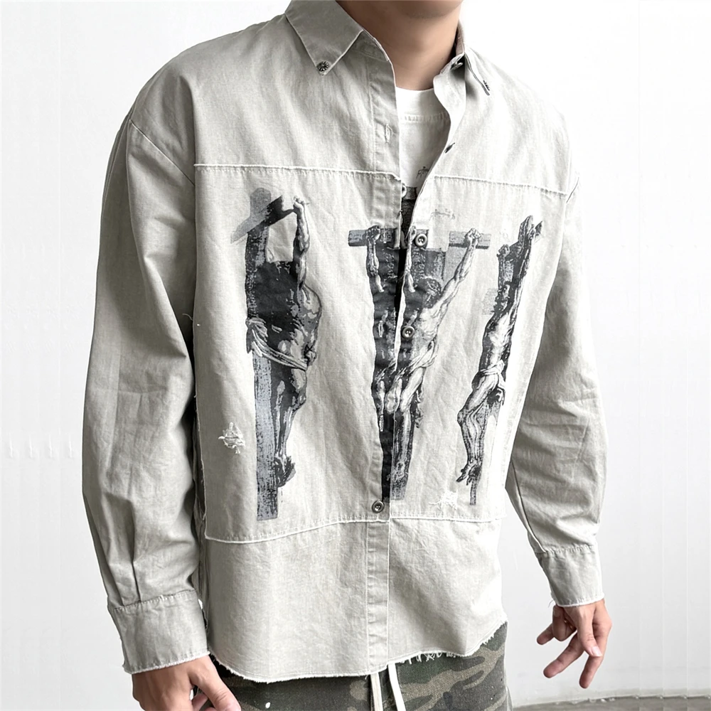 

Oversize Three Jesus Saint Long Sleeved Suffering and Rebirth Shirts Men Women Washed Heavy Fabric Unisex Hole Shirt