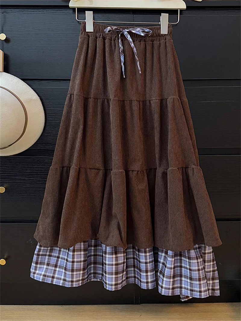 Falda de pana de estilo coreano para mujer Otoño Invierno cintura alta contraste Color faldas gruesas Retro cálido marrón A-line faldas largas