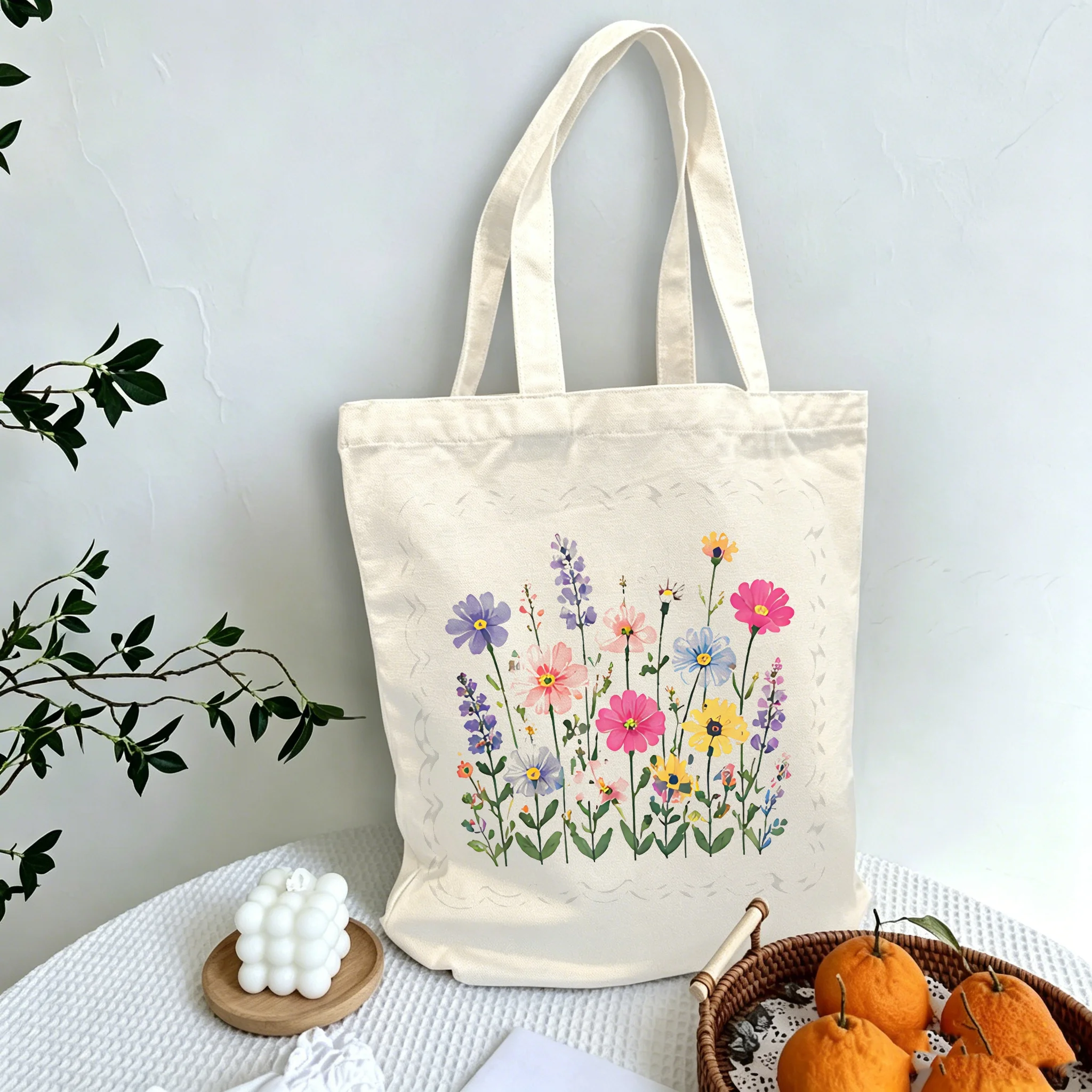 Pastel Wildflower Bouquet 2 Cotton Grocery Bag Durable Tote Bag with Shoulder Strap Large for Party Lightweight Washable Flat Bo