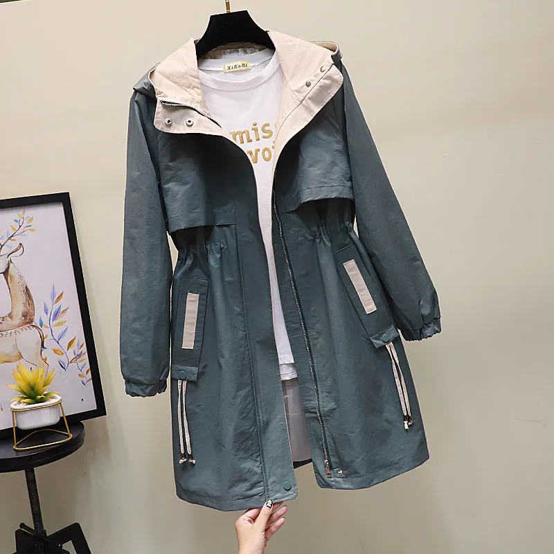 

Nice Spring Autumn Women Coat Windbreaker Hooded Casual Long Trench Coat Female Loose Plus Size Outwear R1150