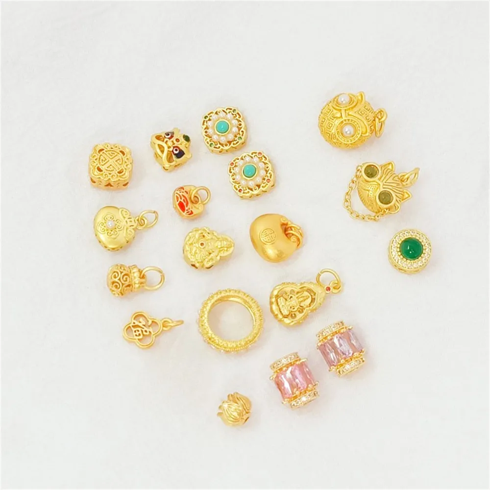 Ancient-style Golden Lotus Flower Bead Separator Copper Money Bag, Lion Dance Owl Drip Square Pendant, DIY Separator Ring