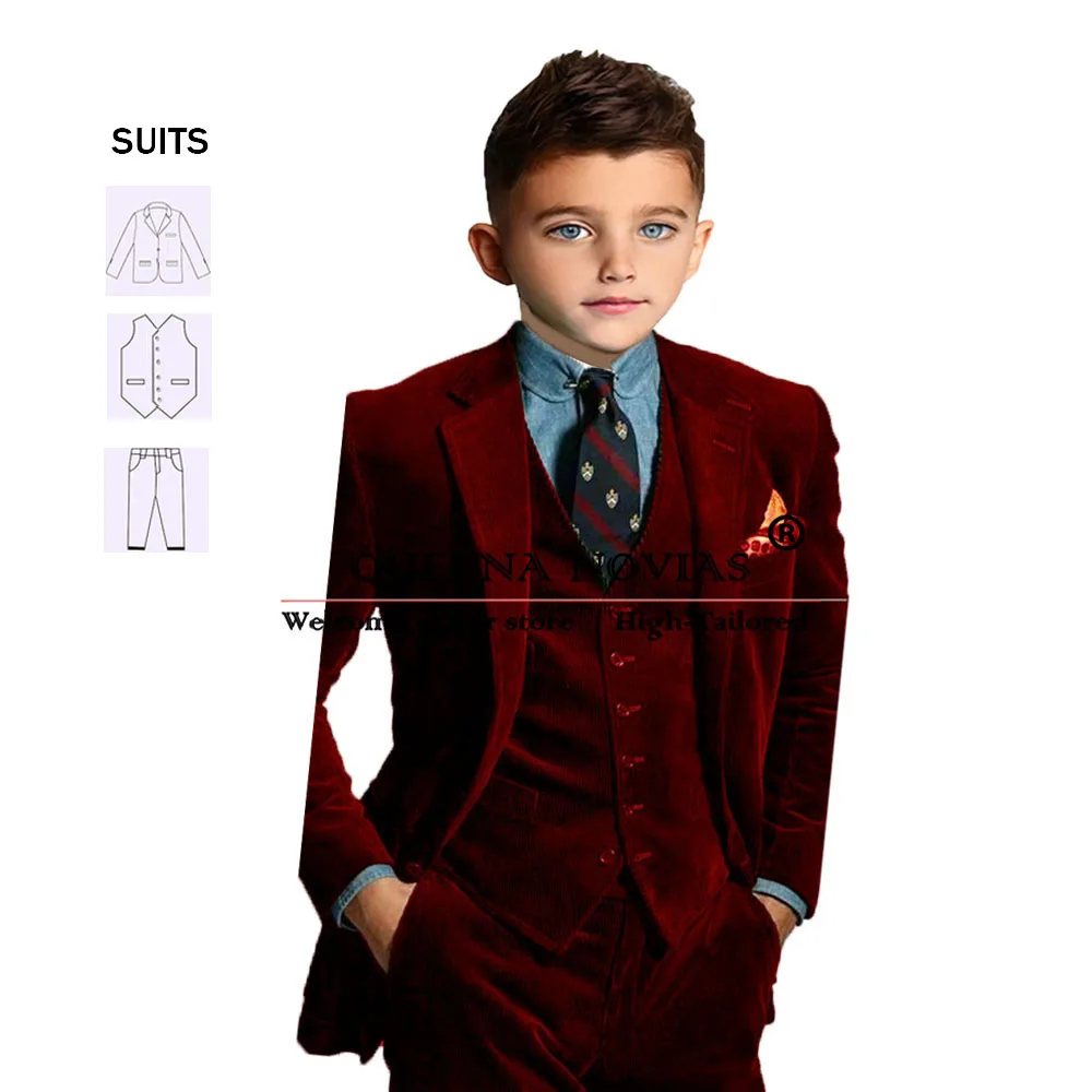 Burgundy Corduroy Boy Suits For Wedding Tailored Formal Party Children Birthday Tuxedo 3 Piece Clothing Traje Elegante Para Niño