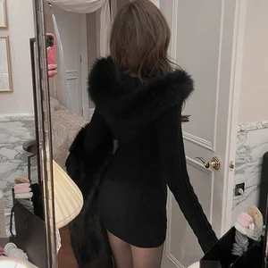 Vestido de malha com capuz para mulheres Slim Bodycon, mini vestido Y2K, pele sintética, vestido feminino de uma peça, vestido elegante coreano, inverno, 2023 6 principais vendas vestidos de pelos - №4
