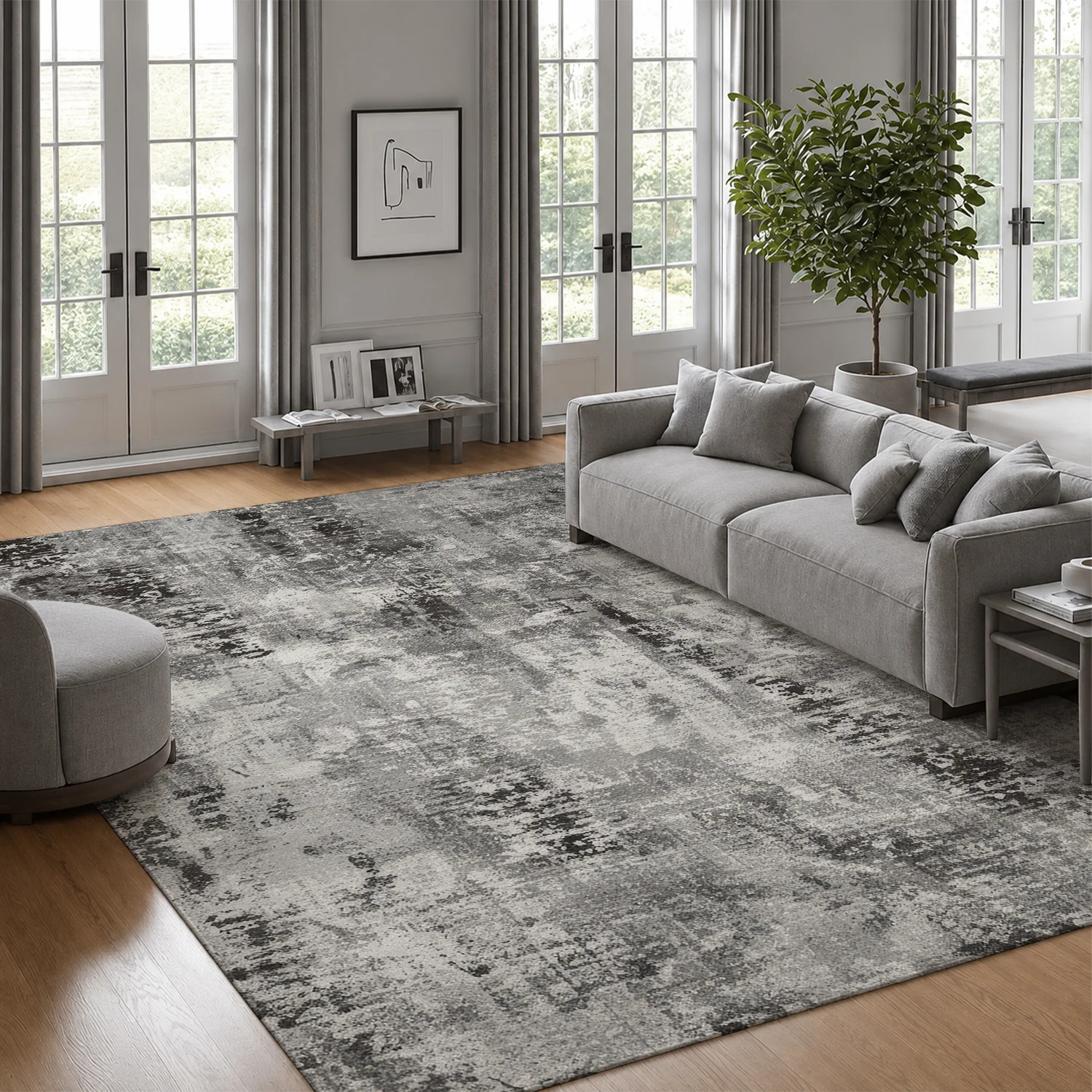 Large Indoor Area Rug, Soft Velvet Low Pile with Non-Slip Dotted Backing, Machine Washable Abstract Distressed Gray Floor Rug for Living Room and Bedroom, Modern Abstract Area Rug for Home Decor