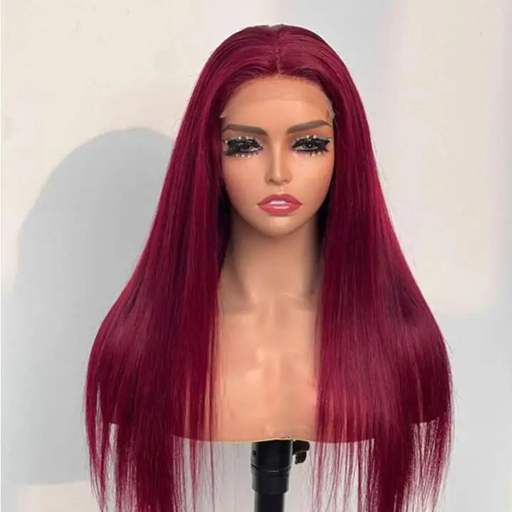 Preplucked Soft 180%Density 26Inch Burgundy Straight Long Natural Hairline Wine 99j Glueless Lace Front Wig For Women Babyhair