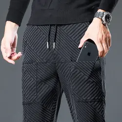 Autumn Winter 2022 Work Clothes Men's Trousers Loose Casual Korean Elastic Dark Pattern Jacquard Six Pockets Designer Slim Pants