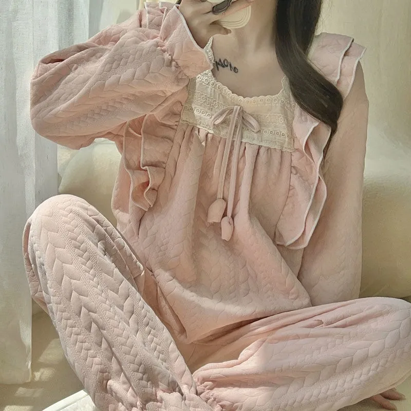 Spring Winter Sweet Air Cotton Premium Pajamas Women Cotton Interlayer Loungewear Thickened Princess Style Long-sleeved Homewear