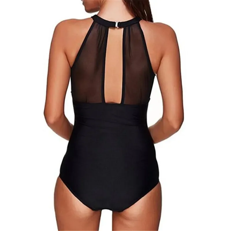 Women One Piece Swimsuit See-through Monochrome Mid Waist Ruched Body-Shaping Cut Out Black Tankini Set Swimsuits For Vocation