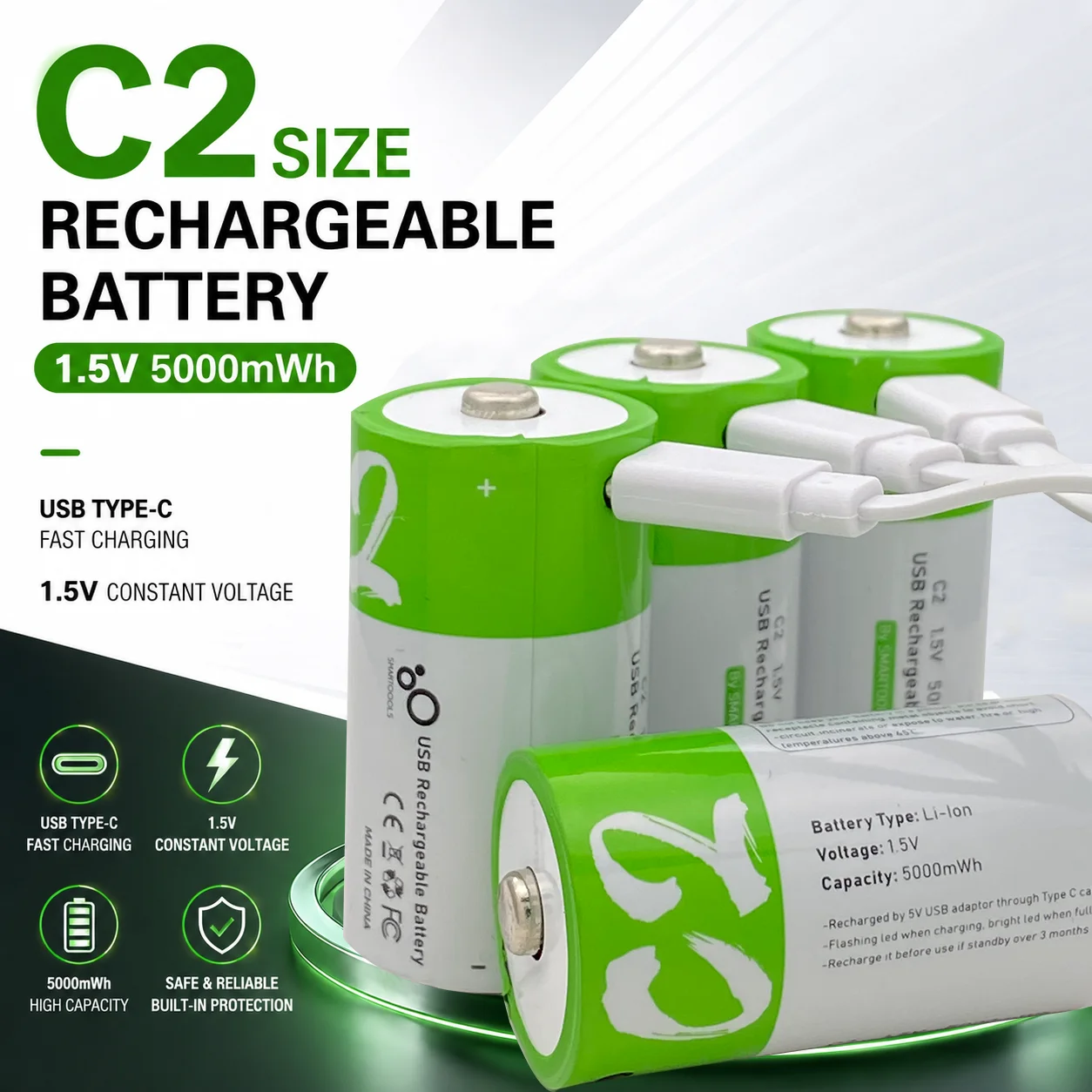 1,5V 5000mWh LR14 C-Zellen wiederaufladbare Lithium-Ionen-Batterie mit Typ-C USB-Ladefunktion für Taschenlampen, Gaskocher, Laternen, Spielzeug und Haushaltsgeräte