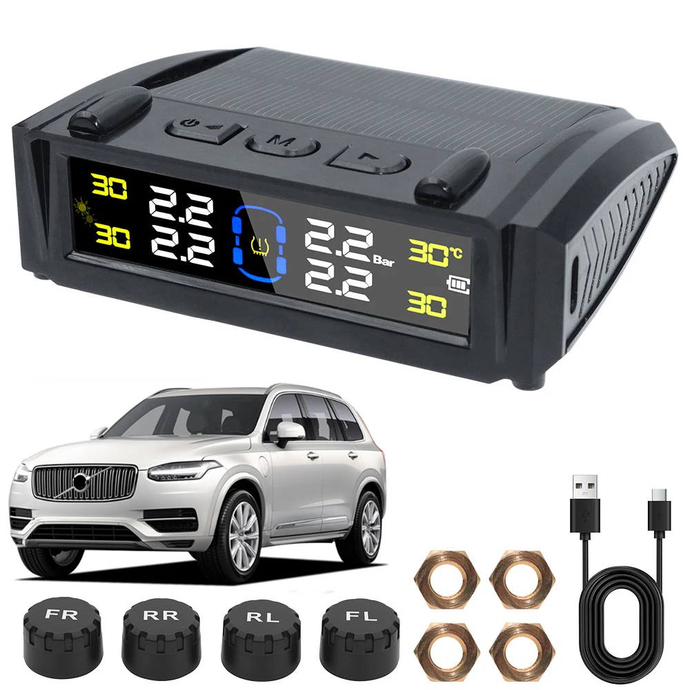 Car Solar TPMS Tire Pressure Monitoring System ​Auto Security Alarm Systems Accessories Temperature Warning 4 External Universal