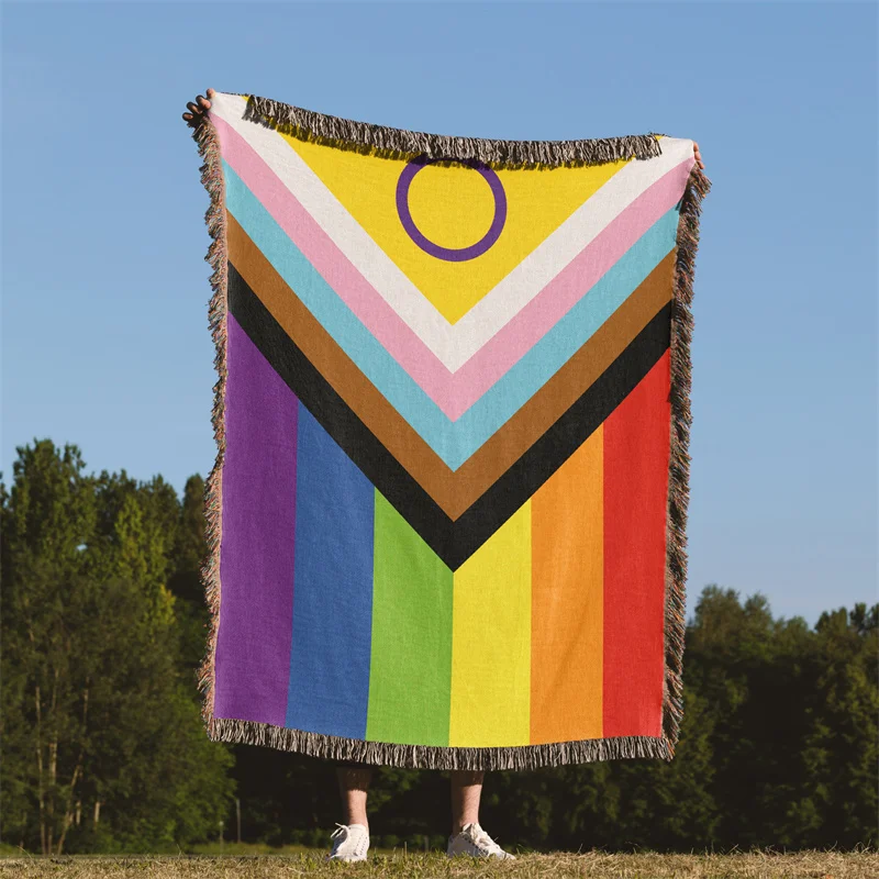 Gaslight Gatekeep Girlboss Intersex Inclusive Pride Flag LGBT Rainbow Jacquard Fringed Woven Throw Blanket