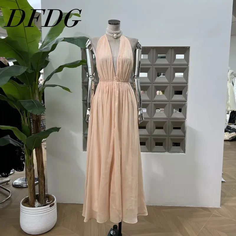 

DFDG 2025 Summer Deep V-Neck Lace-Up Back Maxi Dress Boho Beach Wedding Guest Dress Breathable Chiffon Resort Evening Gown