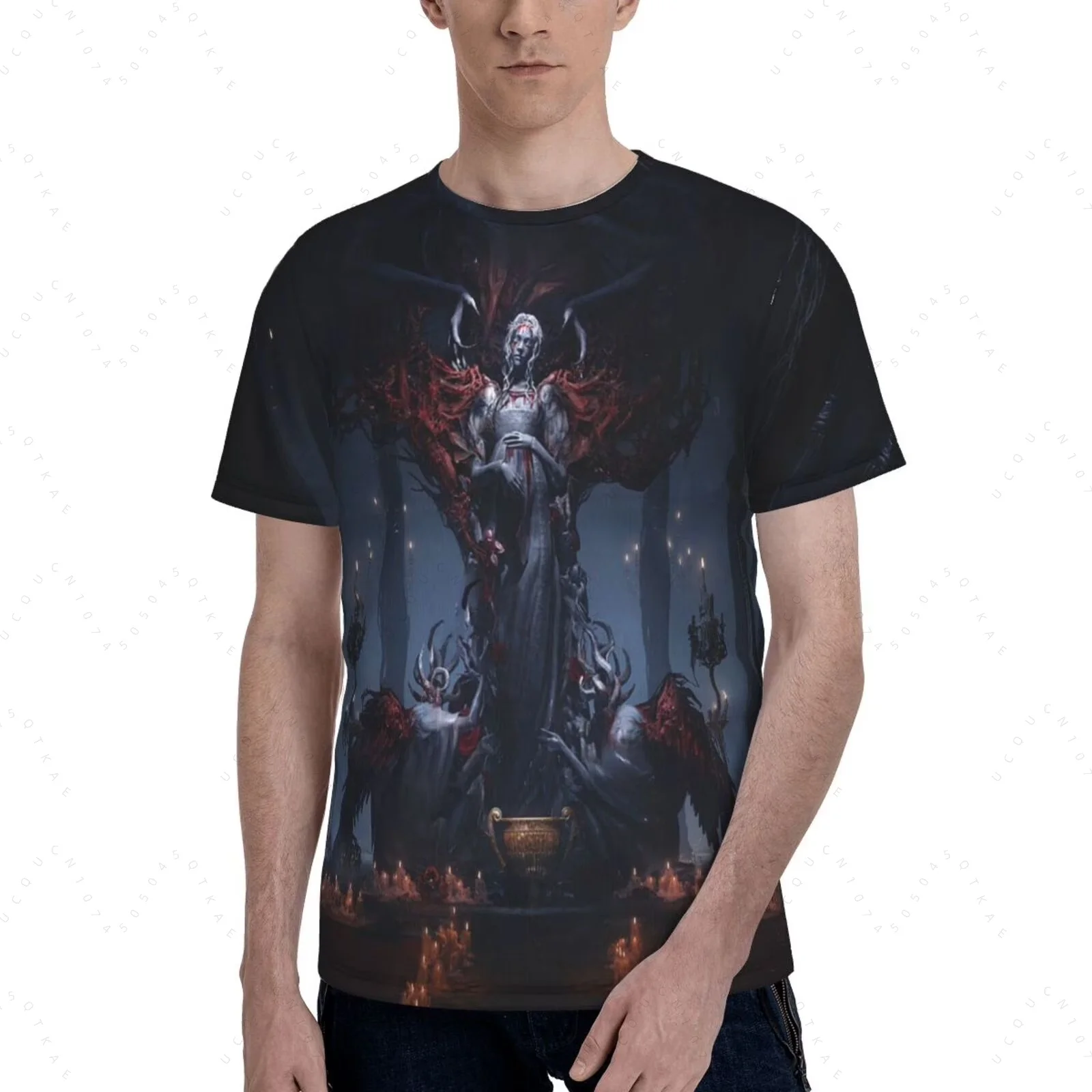 أفضل الأسود حرفي عبادة نمط 2026 تي شيرت رجالي فضفاض قصير الأكمام القطن تي شيرت القوطية الجمجمة الجناح تصميم المتضخم تي شيرت #4