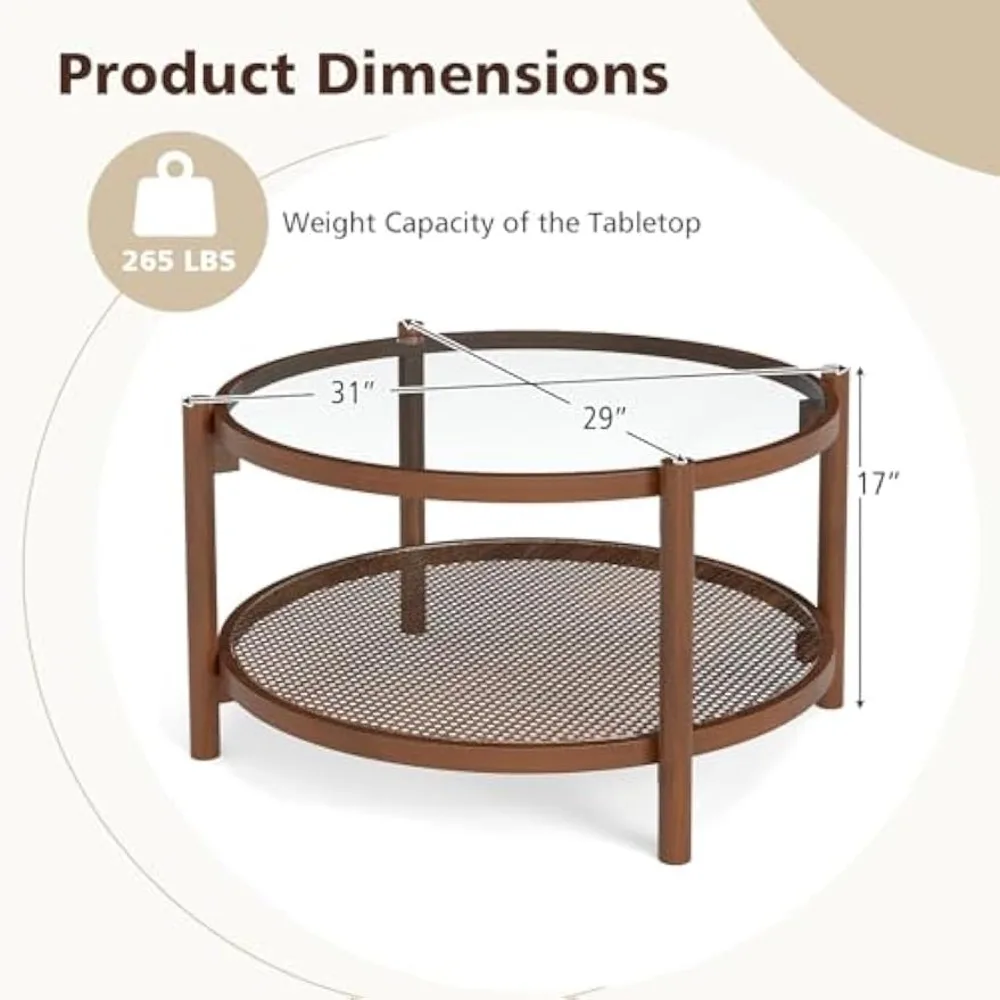 Mesa de centro de ratán estilo Boho con estructura de madera maciza, tapa de vidrio templado y estante de almacenamiento de ratán PE