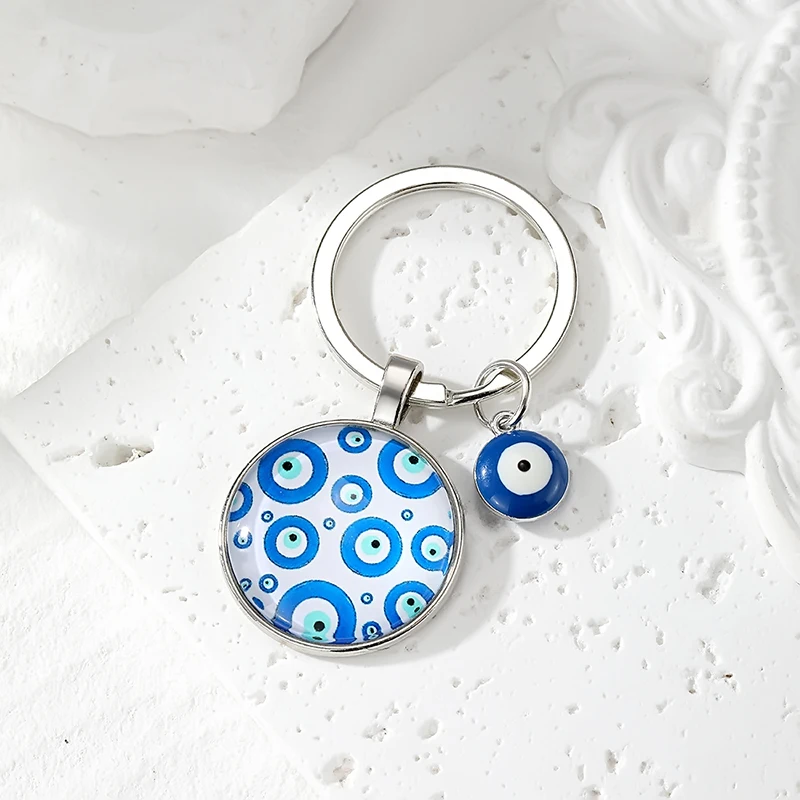 Round Flower Blue Evil Eye Hand Hamsa Keychain For Women Men New Boho Time Gem Turkish Lucky Eye Fatima Hand Bag Box Car Keyring