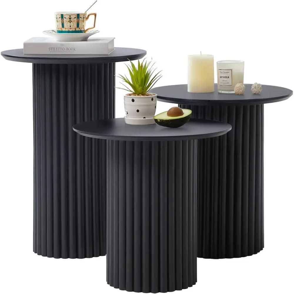 

Modern 3-Piece Coffee and End Table Set, Compact Wooden Side Table for Drinks or Living Room (Black)